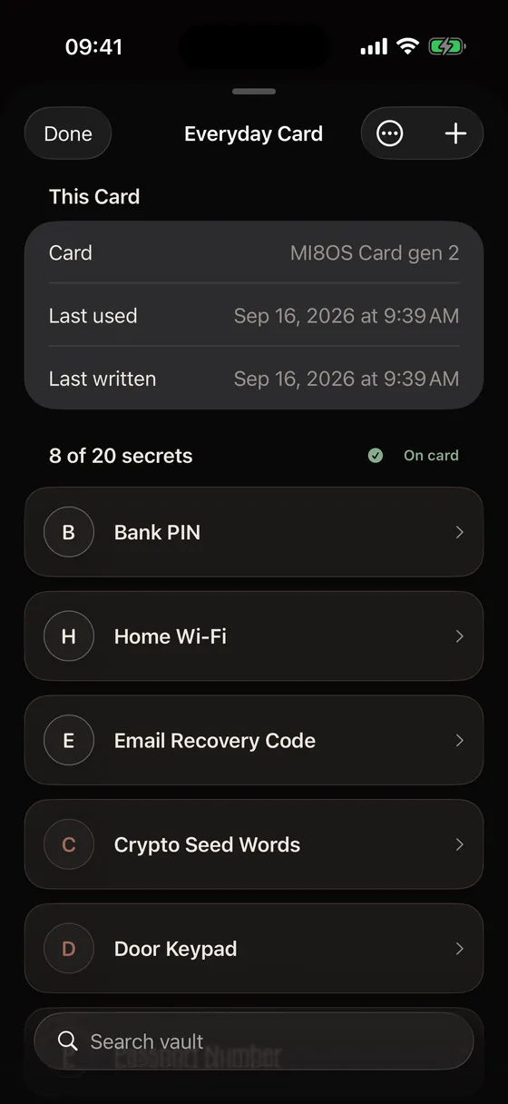 The MI8OS app showing the secrets on a card